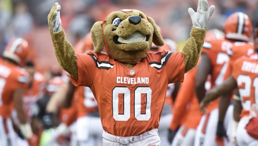 photo of Chomps the dog mascot for the cleveland browns nfl football team with his hands in the air