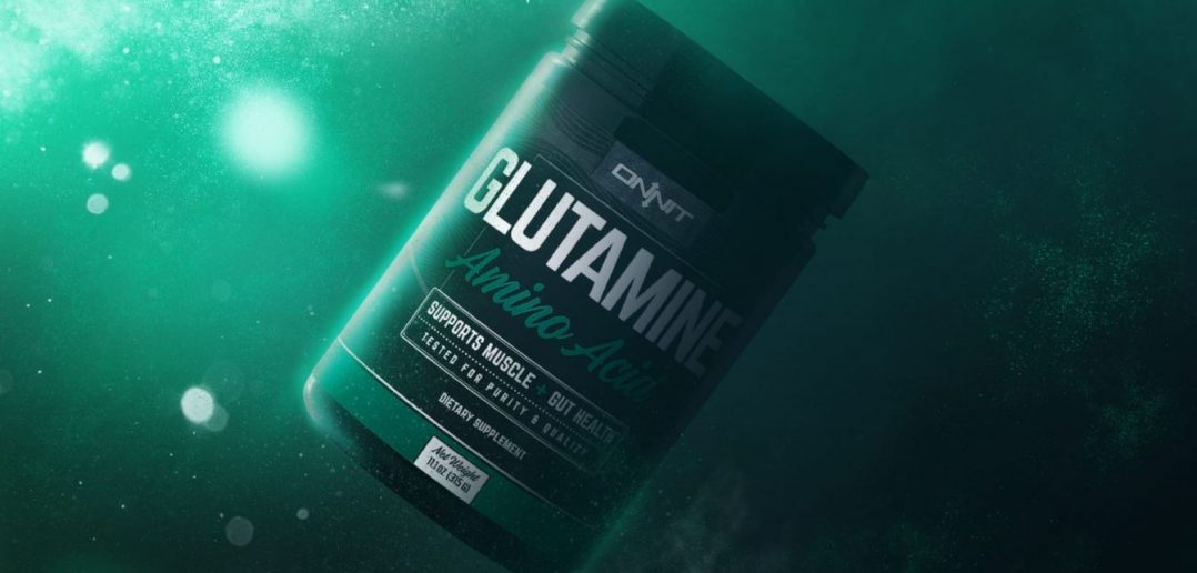 the glutamine amino acid supplement that supports muscle and gut health made by ONNIT labs floating in liquid